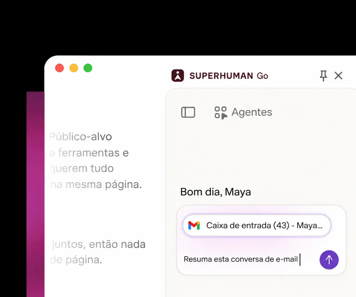 Painel do Superhuman Go aberto ao lado de um documento, com os agentes disponíveis